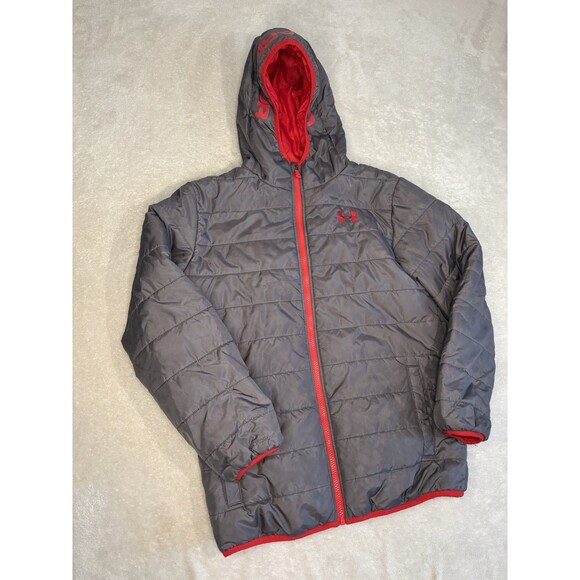 Under Armour Jacket Youth Boys Large Gray Full Zip Hood Cold Gear Loose Fit - Picture 1 of 7